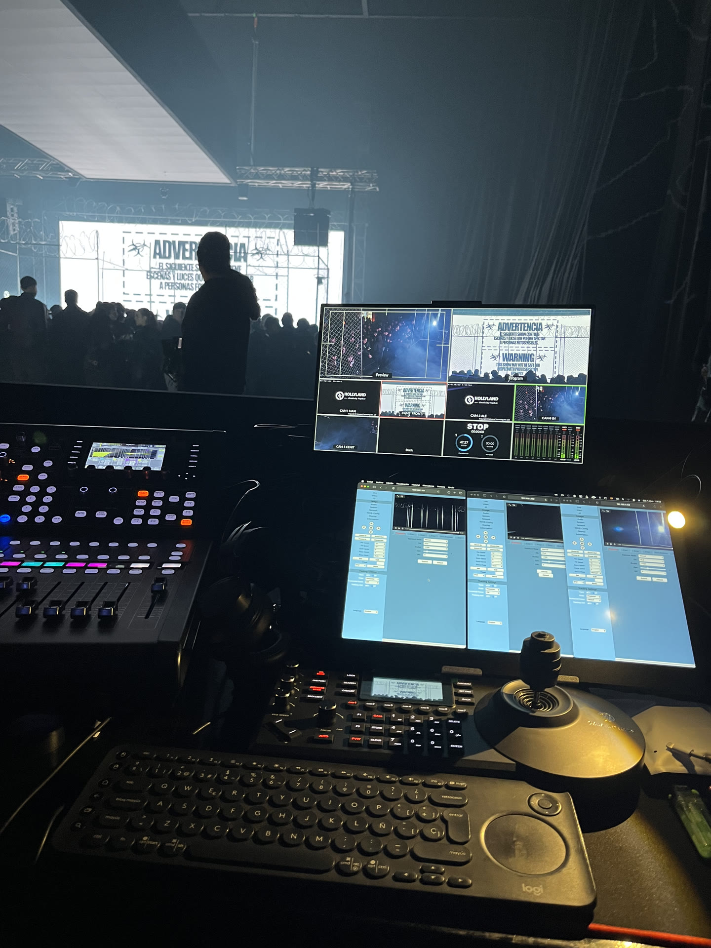 CCTV y control PTZ joystick en concierto — cámaras PTZ para eventos en vivo